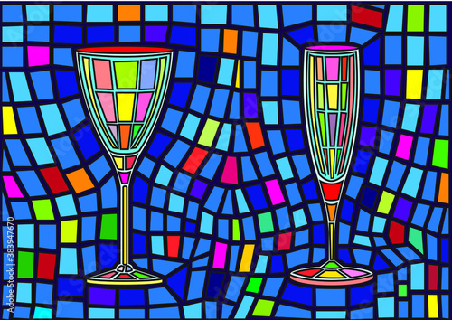 champagne glass and wine glass isolated stained glass background illustration vector