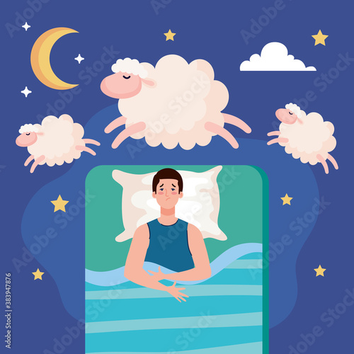 insomnia man on bed with pillow and sheeps design, sleep and night theme Vector illustration