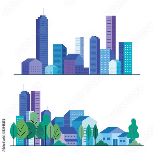 city buildings and houses with trees set design, architecture and urban theme Vector illustration