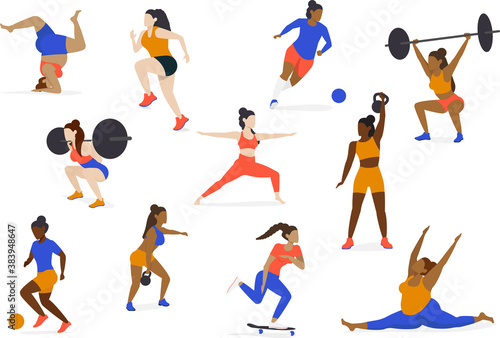 Set of Multicultural Athletes and Healthy Active People doing yoga, running, jumping, stretching, playing soccer, lifting weights and skateboarding - Diversity Character Concept