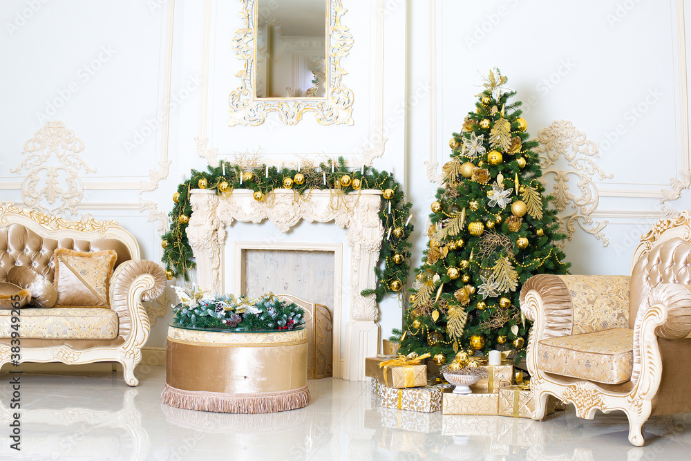 Luxury living room interior decorated with chic Christmas tree.