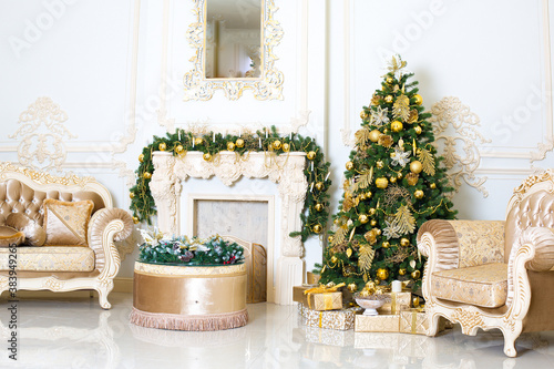 Luxury living room interior decorated with chic Christmas tree.