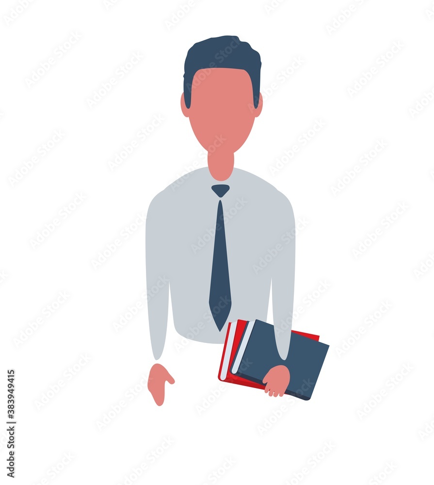 Businessman or clerk. Male character in trendy simple style with objects, flat vector illustration. Business concept. Isolated on white background. Businessman or clerk. Male character in trendy simple style with objects, flat vector illustration. Business concept. Isolated on white background.