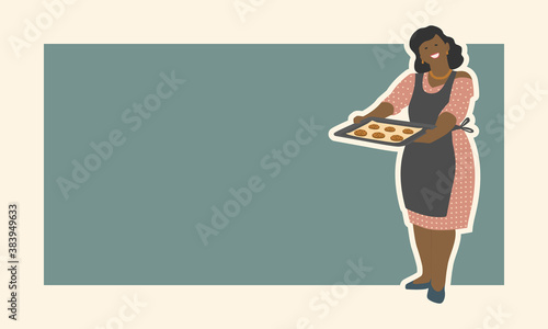 Cheerful plump kind dark-skinned afro woman with homemade cookies. A woman in an apron cooking or baking. Vector illustration for a banner in a simple retro style.