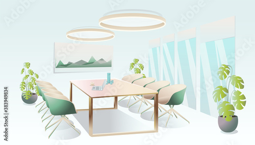 Conference meeting room interior. Empty office with laptop, blackboard, coffee cup and water on table. Business meeting room. Company staff training. Big windows and plants. Vector illustration.