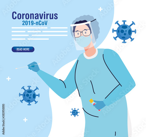 covid 19 virus test doctor with mask glasses and uniform design of ncov cov and coronavirus theme Vector illustration