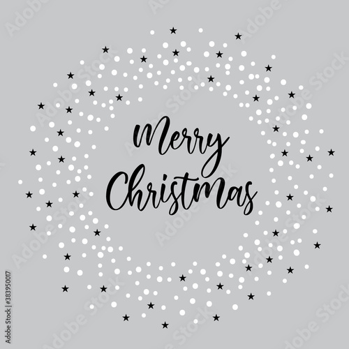 Merry christmas in shape of wreath with black star and dots arrangement. vector illustration