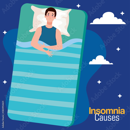 insomnia sauses man on bed with pillow and clouds design, sleep and night theme Vector illustration