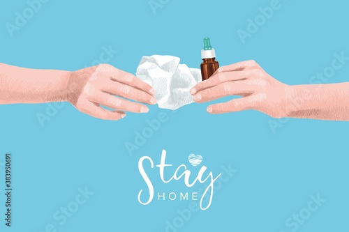 Two female hands holding a nasal napkin and nose drops, 'Stay home', hand-drawn.