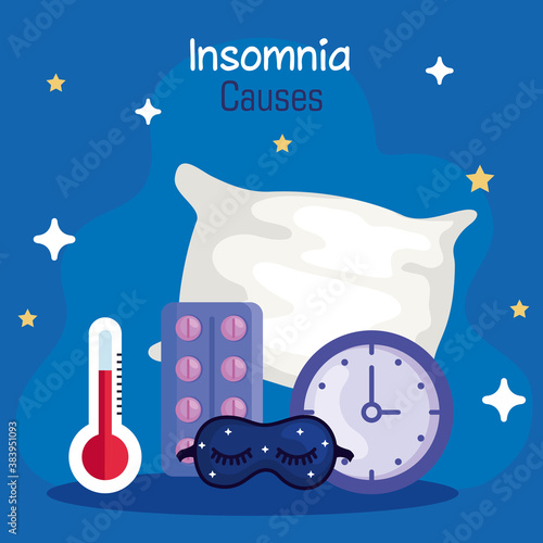 insomnia causes thermometer mask clock pills and pillow design, sleep and night theme Vector illustration