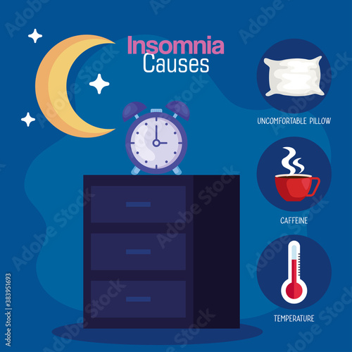 insomnia causes clock on furniture and moon design, sleep and night theme Vector illustration