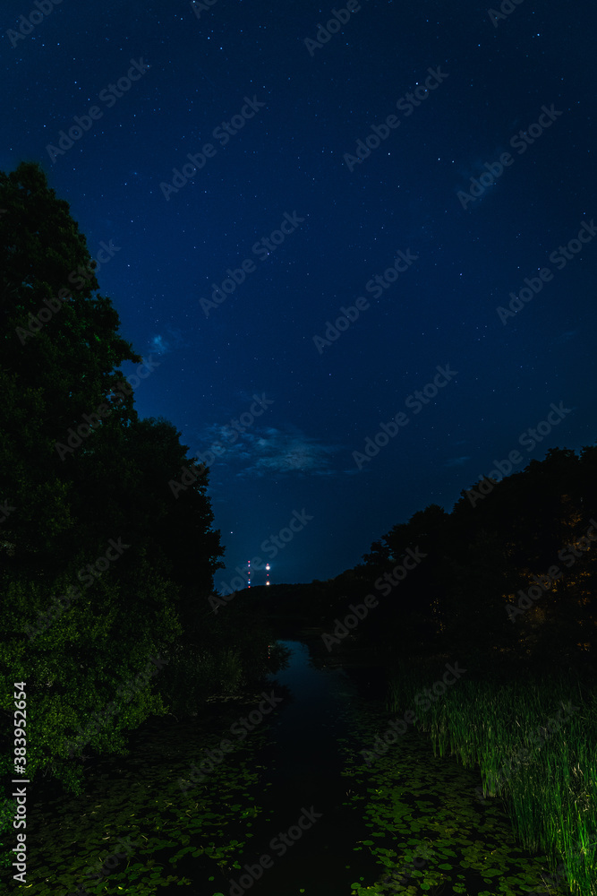 night landscape with lake and stars