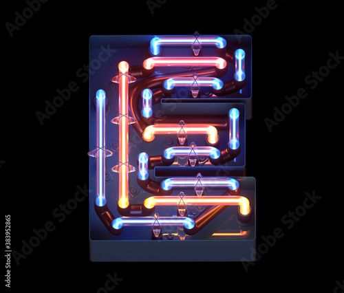 Neon in metal casing font. Letter E.