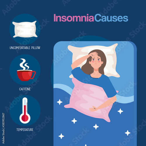 insomnia casuses woman on bed with pillow and icon set design, sleep and night theme Vector illustration