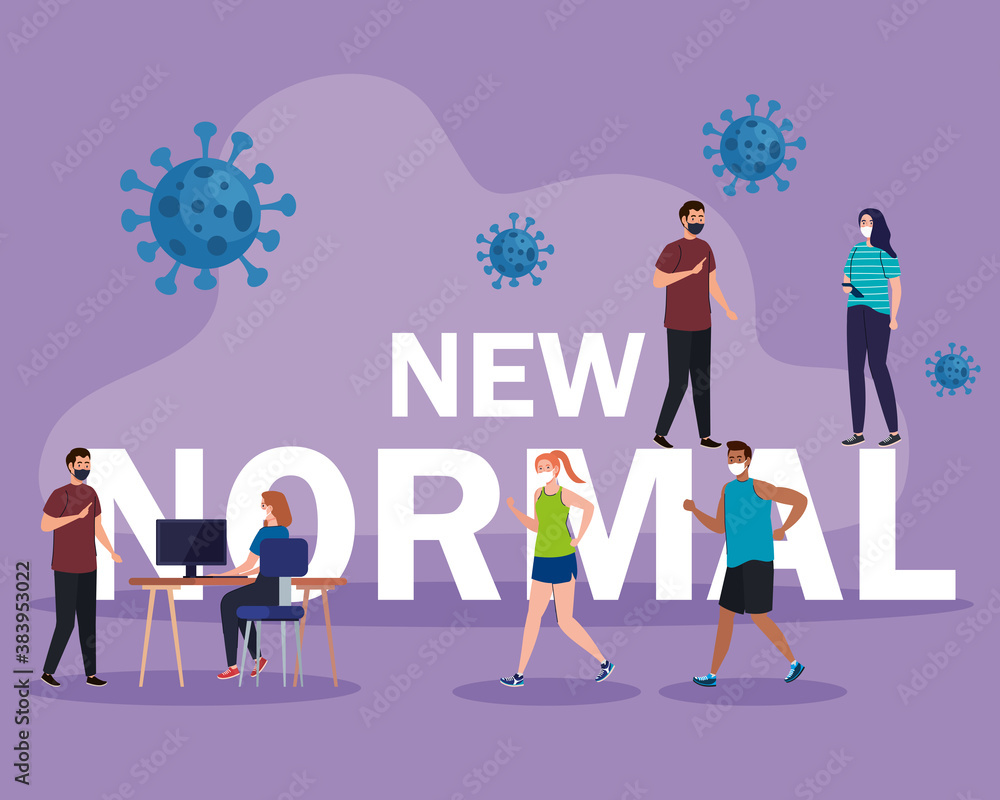 Obraz premium New normal of people with mask and desk design of covid 19 virus and prevention theme Vector illustration