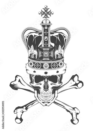 Vintage monochrome skull with crossbones and crown. Isolated vector illustration