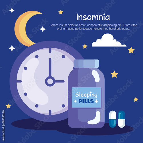 insomnia clock and pills jar design, sleep and night theme Vector illustration