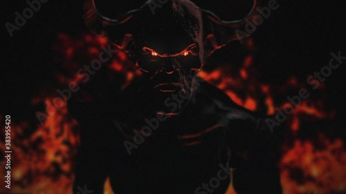 Animation of the appearance of a devil from the darkness or fire. Horror or religion scene.