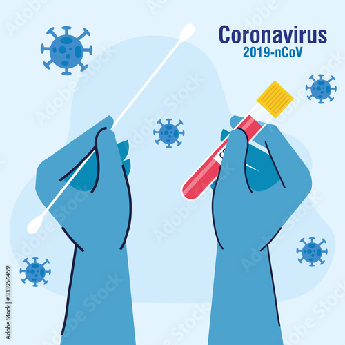 covid 19 virus test hands with gloves holding swab and tube design of ncov cov and coronavirus theme Vector illustration