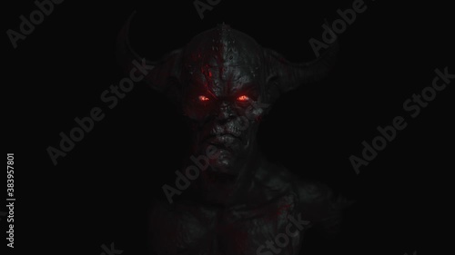 Animation of the appearance of a devil from the darkness or fire. Horror or religion scene.