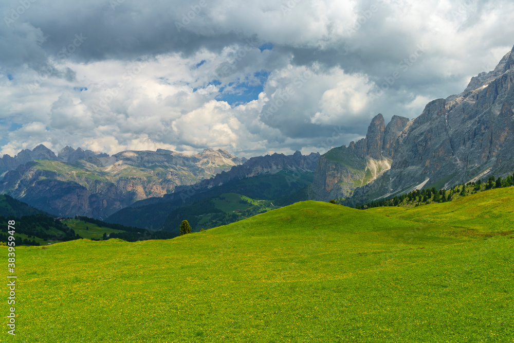 Mountain landscape along the road to Sella pass, Dolomites Mountain landscape along the road to Sella pass, Dolomites