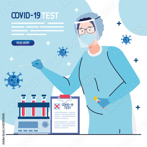 covid 19 virus test doctor with mask uniform tubes and medical document design of ncov cov and coronavirus theme Vector illustration