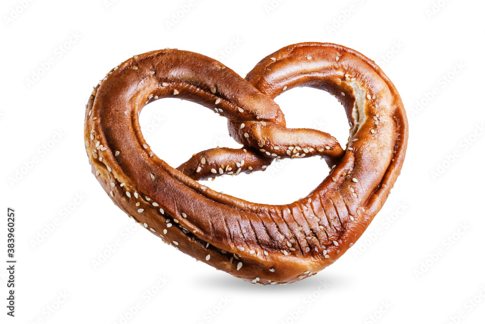 Pretzel with salt and sesame seeds on a white isolated background Pretzel with salt and sesame seeds on a white isolated background