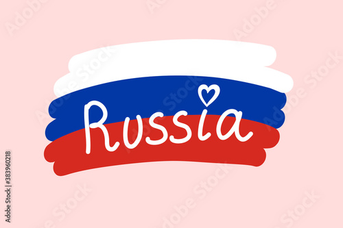 National flag of Russia, tricolor white blue red. Stylized flag, heart from Russia with love, vector text illustration