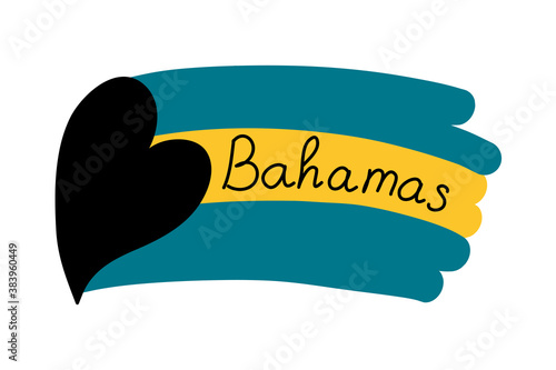 National flag of the Commonwealth of the Bahamas with black heart, vector illustration handwritten on a white background. Stylized with love from the Bohamas