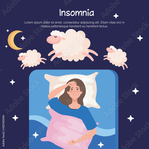 insomnia woman on bed with pillow and sheeps design, sleep and night theme Vector illustration