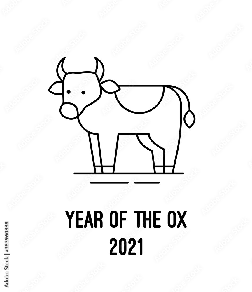 Ox bull linear icon. Symbol of 2021 in the new year. Vector flat image of a cow. Outline style sign for web design, logo and mobile apps.