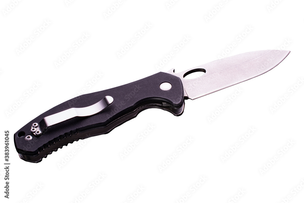 open folding pocket knife with textured black composite plastic cover plates on steel handle isolated on white background. open folding pocket knife with textured black composite plastic cover plates on steel handle isolated on white background.