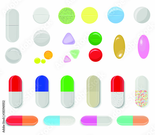 Large vector set of tablets and capsules, set, medications, antibiotics and antivirals isolated on a white background