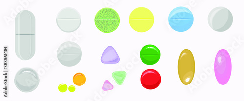Set of various vector pills and tablets, medications, antibiotics and antivirals isolated on a white background