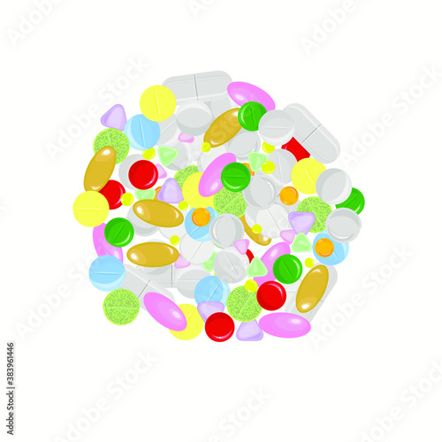 Vector circle of pills and tablets, medicines, antibiotics and antivirals isolated on a white background