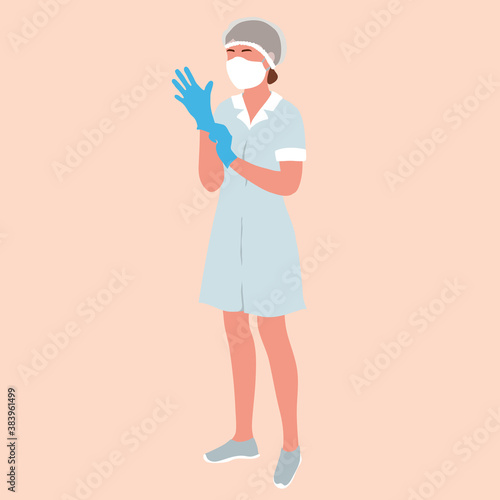 Woman doctor in a medical mask and lab coat puts on gloves. Colored vector stock illustration with character in flat style