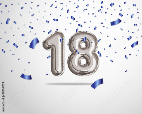 Happy 18th birthday with realistic foil balloons text on silver background and blue confetti. Set for Birthday, Anniversary, Celebration Party. Vector stock.