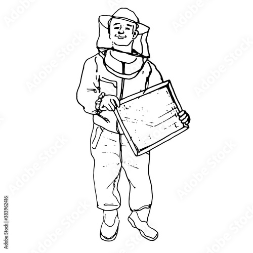 Vector illustration.Image in black outline a cheerful young beekeeper in a protective suit working in an apiary, honey production process isolated on a white background.