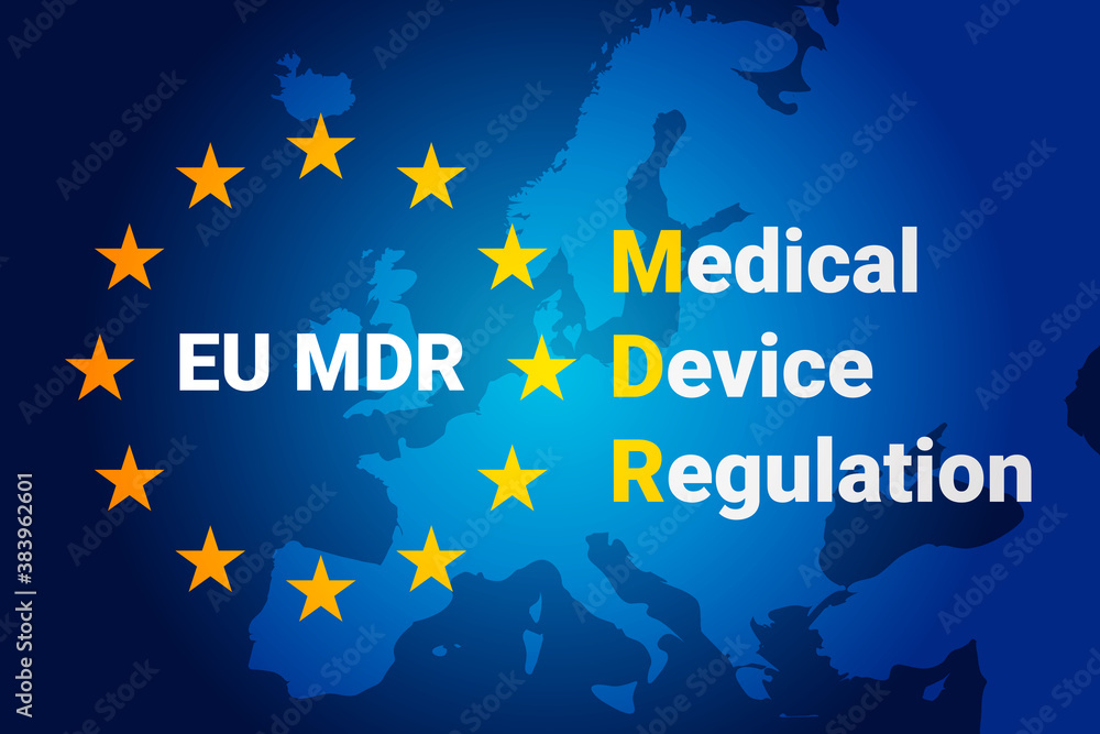 MDR - Medical Device Regulation. Regulation of the EU- European Union on the clinical investigation and sale of medical devices for human use. Vector illustration on blue background
