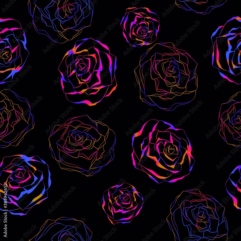 Seamless pattern with rainbow roses. Pink, blue, lilac, violet, red flowers. Black background. Botanical endless wallpaper. Seamless pattern with rainbow roses. Pink, blue, lilac, violet, red flowers. Black background. Botanical endless wallpaper.