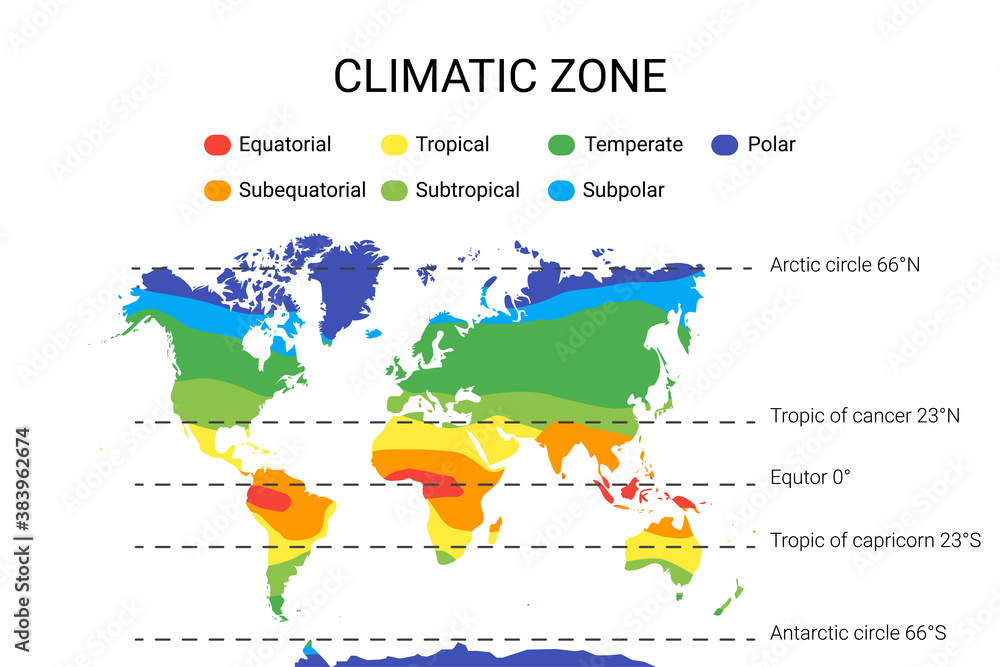 Fototapeta: climate zones map. Vector with equatorial, tropical, polar ...