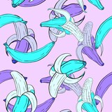 Seamless pattern. Lilac, blue bananas on a pink background. Peeled banana.