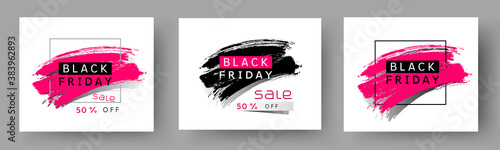 Black Friday poster set. Vector special offer with brush stroke backgrounds. Promo banner 50 off discount sale templates