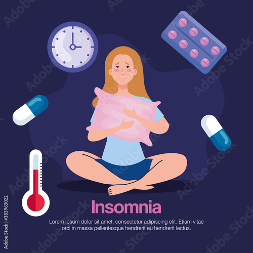 insomnia woman with pillow and icon set design, sleep and night theme Vector illustration