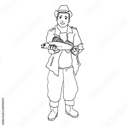 Vector illustration.Image in black outline a cheerful young fisherman in a fishing suit and rubber boots holds a caught fish in his hands, isolated on a white background