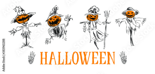Hand drawn several types of scarecrow with orange pumpkin heads on a stick in a garden for use in congratulations on the Halloween holiday