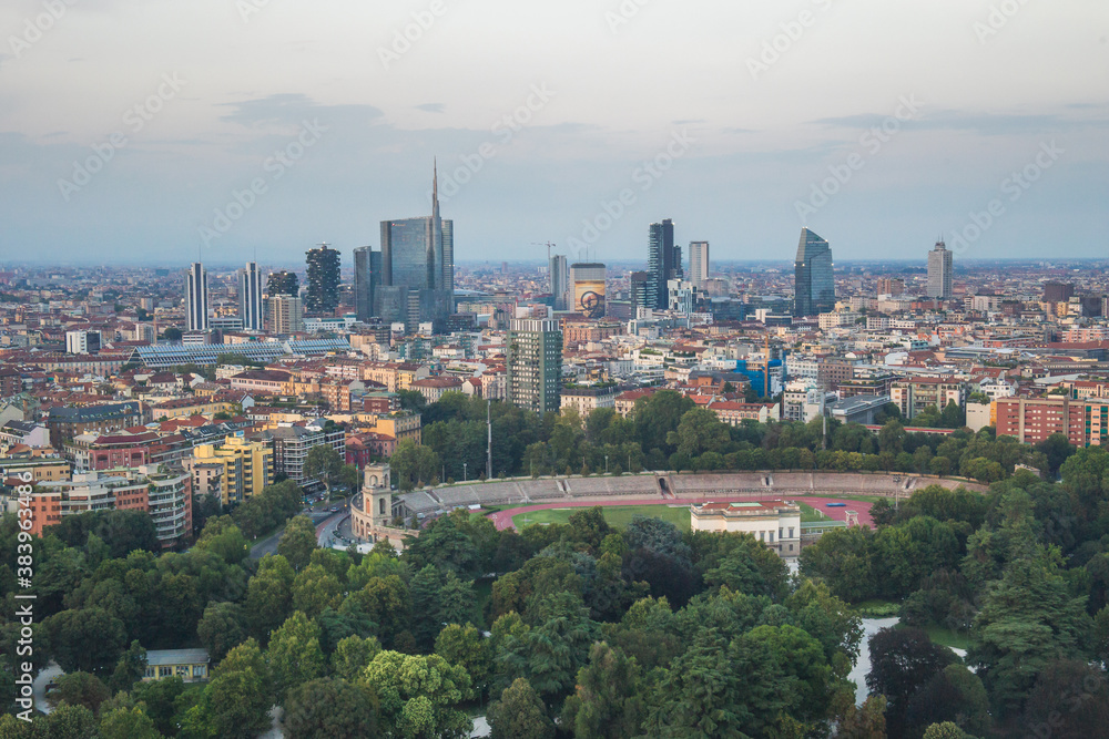 View from the Torre Branca,Branca Tower, of the Milan skyline, Lombardy, Italy