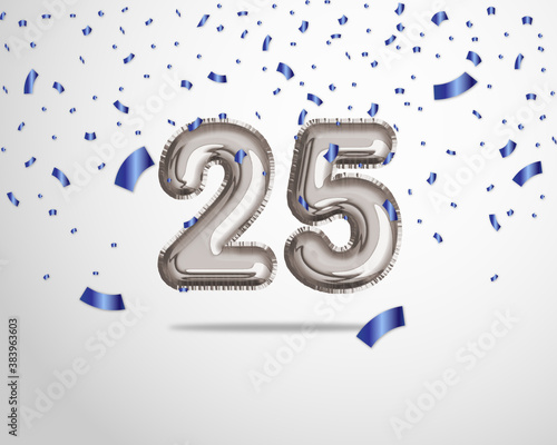 Happy 25th birthday with realistic foil balloons text on silver background and blue confetti. Set for Birthday, Anniversary, Celebration Party. Vector stock.