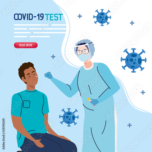 covid 19 virus test doctor and black man on chair design of ncov cov and coronavirus theme Vector illustration