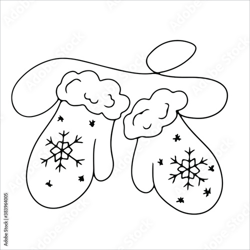 children's mittens with snowflakes. warm winter clothes. warm knitted gloves. winter doodles on a white background drawn by a line. anti-stress coloring book.